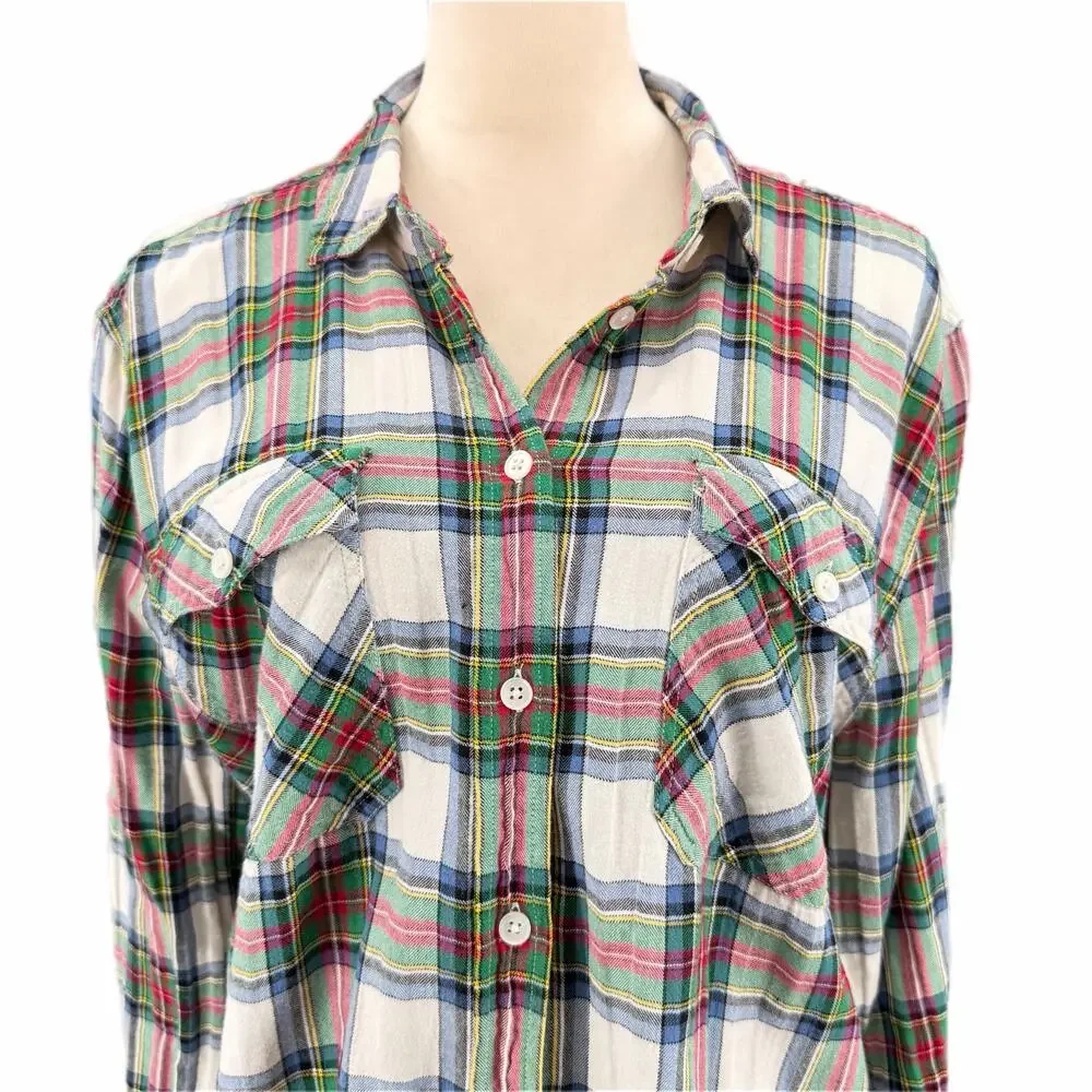 J. Crew Cotton Ivory Blue Green Plaid Plus Tartan Button Down Collared Top